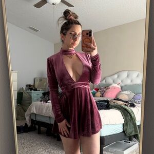 Fashion Nova Velvet Romper in Deep Pink